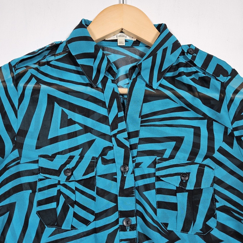 Timing Button Down Women S Blue Geometric Sheer Roll Tab Sleeve Blouse Shirt - Picture 2 of 7